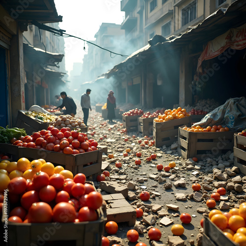 Destroyed open air market after air strike in urban area 2026.