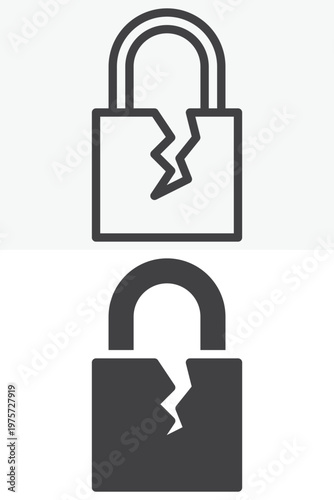 Broken padlock icon with cracked body in line and solid style. Outline and solid icon, editable stroke vector sign symbol. Unsafe lock icon.