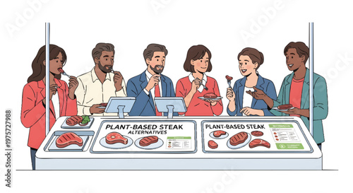 Diverse group of people choosing plant-based steak alternatives at a food counter