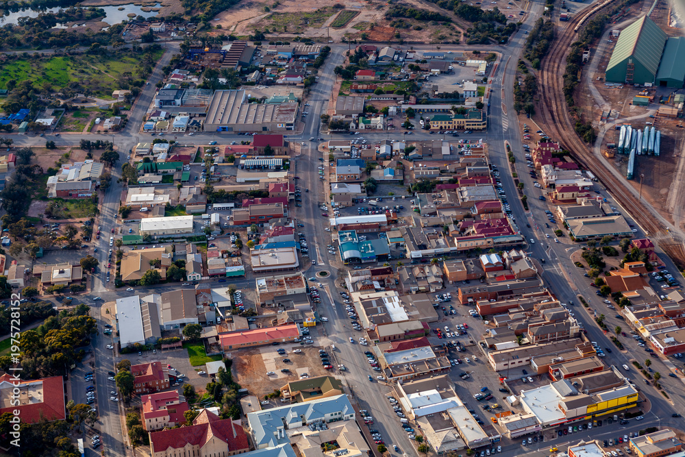 Obraz premium Port Pirie aerial view of downtown streets, residential neighbourhood and industrial zone, South Australia Australia