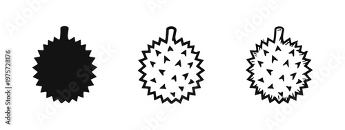 Durian fruit icon set. Spiky tropical fruit in different styles. Asian delicacy vector illustration.