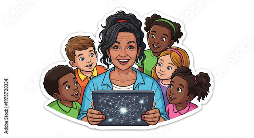 happy teacher with students looking at tablet computer together