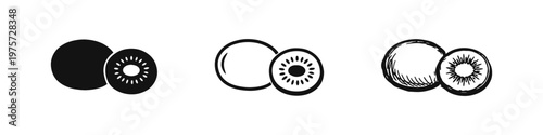Kiwi fruit icon set. Whole and half kiwi in different styles. Healthy tropical fruit vector illustration.