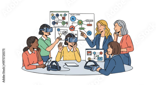 Diverse group of people using virtual reality headsets in meeting