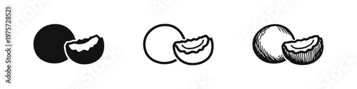 Coconut fruit icon set. Whole and broken coconut with pulp in different styles. Tropical vector illustration.