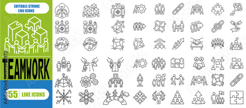 Teamwork Icon Set – Editable Line Icons for Collaboration, Business Team, Puzzle Connection and Office Work