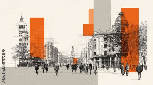 Black and white line drawing of buildings in an orange, flat design, flat illustration style, poster composition of the cityscape