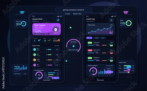 Futuristic gaming companion mobile app interface displaying squad stats, match history, analytics, and performance metrics in a sleek dark theme with neon accents.