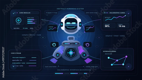 Futuristic digital interface featuring a smiling humanoid robot with data charts, code streams, and holographic elements on a dark blue background.