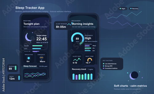 Modern sleep tracker app dashboard interface with bedtime plan, recovery insights, readiness score, and calm data visualizations on a dark background.