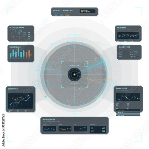Futuristic digital dashboard interface with circular radar, data charts, telemetry, energy bars, and mission status panels on a white background.