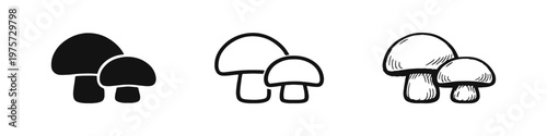 Mushroom icon set. Black silhouette, outline, and hand drawn style mushroom icons. Edible fungi vector illustration.
