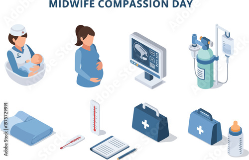 Celebrating Midwife Compassion Day with healthcare icons and symbols of care