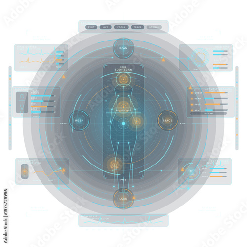 Futuristic digital interface displaying a human body scan with circular data visualizations, biometric graphs, and diagnostic information in blue and orange tones.