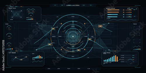 Futuristic digital dashboard interface with circular radar, data graphs, tracking indicators, and various control panels in a high-tech blue and orange color scheme.