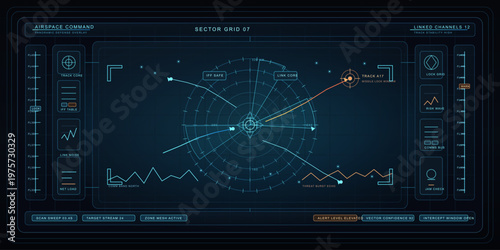 Futuristic airspace command interface displaying a radar screen with multiple tracking lines, data graphs, and control panels in a digital blue and orange color scheme.