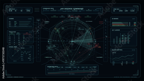 Futuristic air defense command interface displaying a radar screen, tracking data, signal maps, and various control panels with digital graphics and analytics.