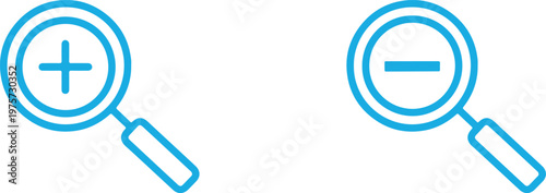 Magnifying Glass Icons: Zoom In and Zoom Out Symbols, Simple Blue Outline