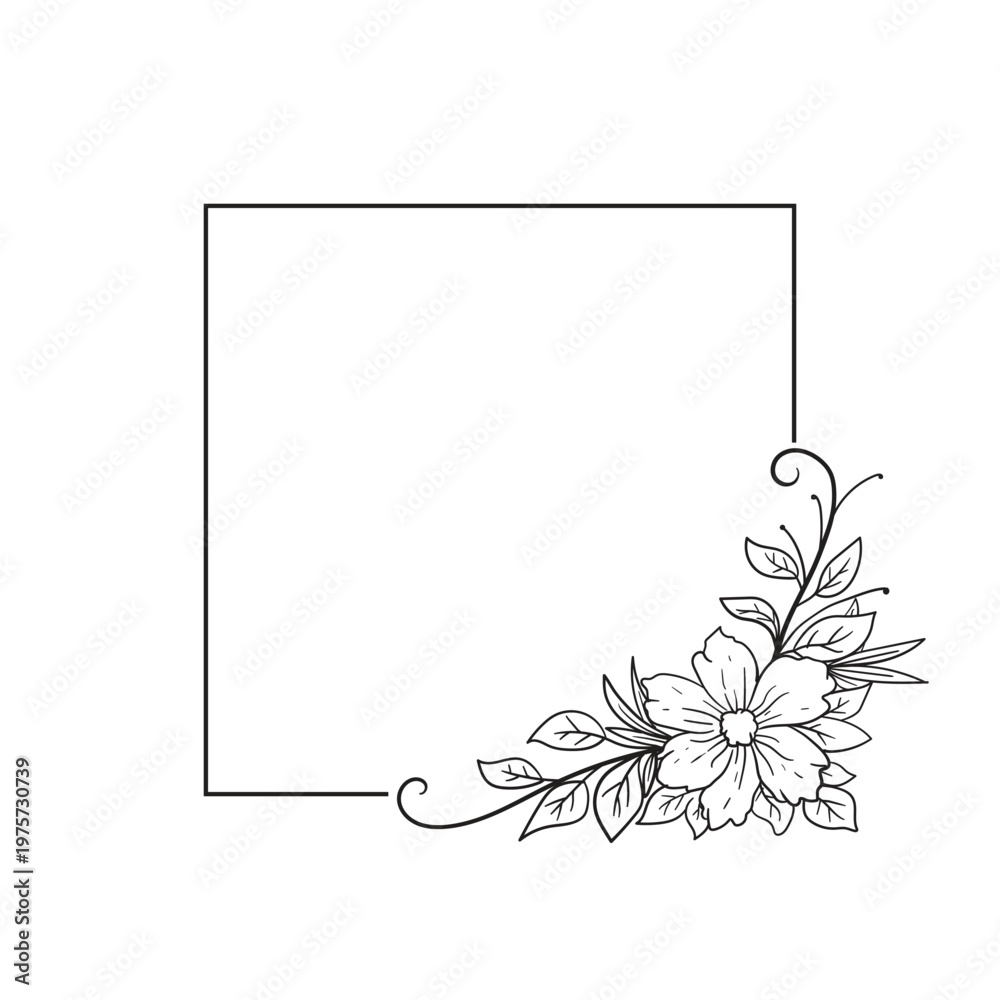 Fototapeta premium Vector illustration of an elegant square frame with a detailed hand drawn floral corner bouquet featuring blooming flowers and leaves for minimalist wedding invitations or logo design.