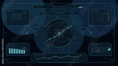 The display shows a radar system with various graphs and data points. It provides information on signal strength and route predictions. The time of the display is not specified.
