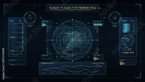 Futuristic digital cockpit interface with circular radar, navigation data, altitude, and various technical indicators displayed in blue and orange on a dark background.