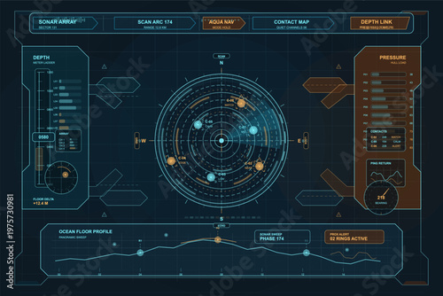 Sonar data for underwater exploration. It includes depth readings, contact points, and ocean floor profiles. The screen helps in navigating and mapping the sea.