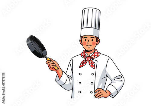 A chef in uniform holding a frying pan, ready to cook delicious meals