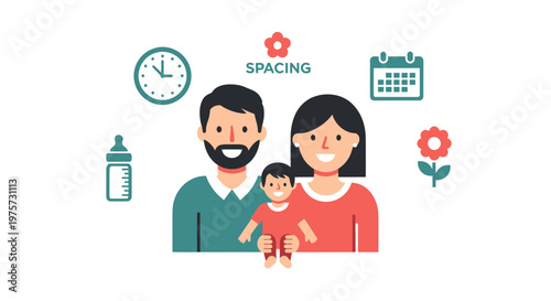 Happy family with baby parenting spacing planning and organization icons around them