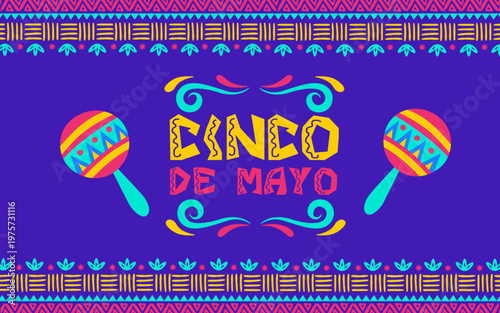 Cinco de Mayo 2026 Festive Banner with Mexican folk art decorations and playful color design. Festive Mexican pattern background. Vector Illustration