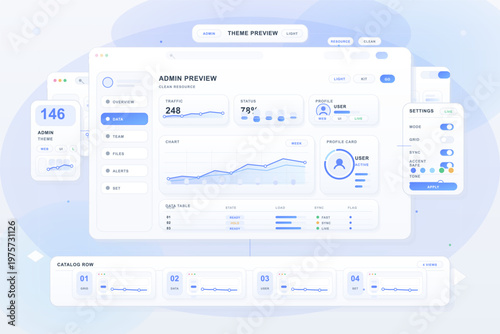 Modern dashboard user interface design concept featuring data analytics, charts, settings panel, and navigation menus in a clean, light color scheme.