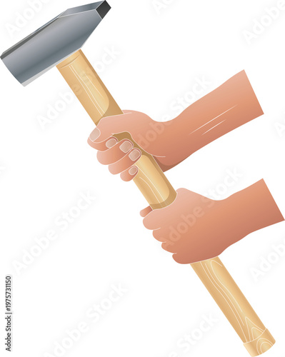 Vector illustration of a man's hands holding a sledgehammer with a wooden handle side view.