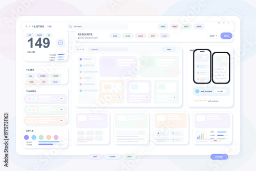 Modern user interface dashboard with pastel colors displaying asset management, filters, preview options, and analytics in a clean, minimal layout.