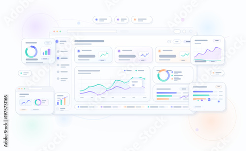 Modern abstract illustration of a digital dashboard interface with various charts, graphs, and analytics widgets in soft pastel colors on a white background.