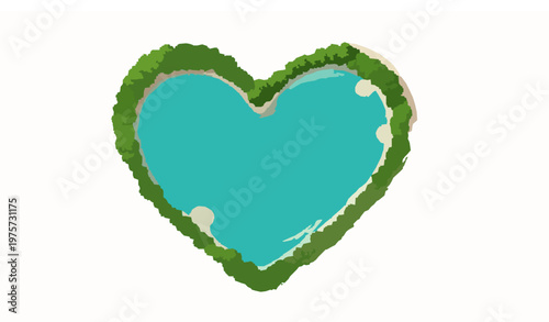 Heart Shaped Tropical Lagoon Aerial View Minimal Travel Poster Style Vector Illustration