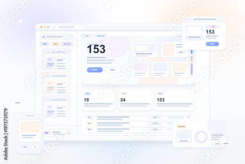 Modern abstract illustration of a user interface dashboard with multiple cards, buttons, and widgets in a light pastel color scheme, representing web or app design.