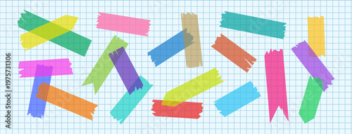 Tape paper, transparent scotch, adhesive sticker. Masking label sticky collage, scrapbook craft ribbon. Glue piece torn bandage, color office strip set on checkered bg. Decorative vector illustration