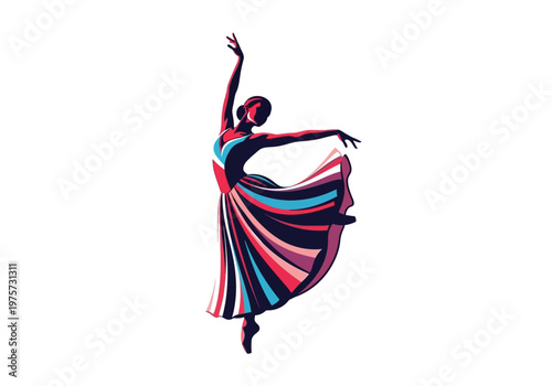 Graceful ballerina performing a classic dance pose with vibrant, flowing attire on a white background