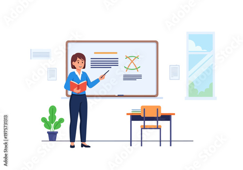 Teacher pointing at whiteboard with geometric shapes and equations in a classroom setting, illustration