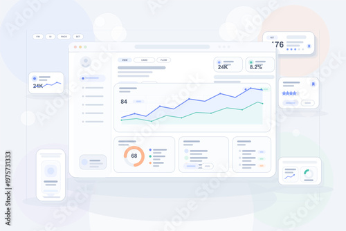 Modern dashboard interface illustration featuring analytics charts, graphs, and data widgets in a clean, minimal style for business or finance applications.