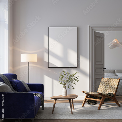 Modern Living Room Poster Frame Mockup with Natural Light and Minimalist Decoration. 3D render.