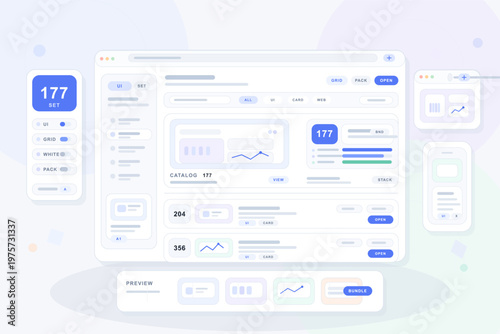 Modern flat design illustration of a user interface dashboard with various widgets, charts, and menu elements in a light color scheme, suitable for web or app design concepts.