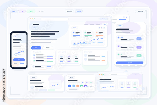 Canvas Print Modern flat illustration of a SaaS dashboard user interface kit showing various web and mobile UI components, charts, pricing tables, and analytics elements in pastel colors