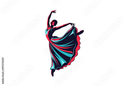 Elegant ballerina performing a graceful dance with flowing dress against a white background