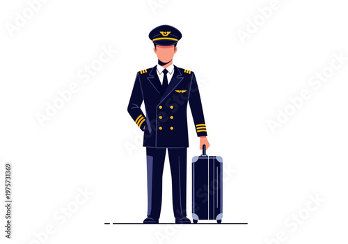 A professional pilot in uniform with a suitcase, ready for a flight