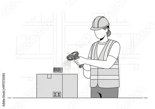 Warehouse worker using a barcode scanner to scan a package in a distribution center, illustration