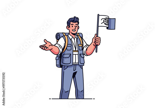 Illustration of a friendly tour guide with a backpack and flag, gesturing welcomingly to visitors on a trip