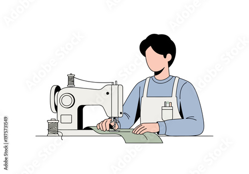 Man sewing fabric with a sewing machine, professional tailor creating garment, skilled craftsperson working on textile creation
