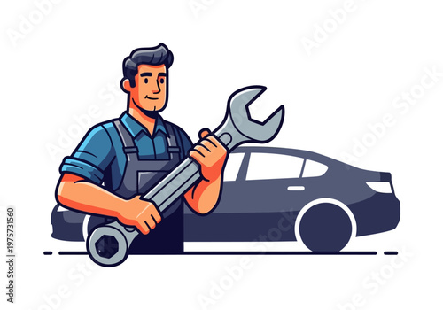 Automobile mechanic holding a large wrench in front of a car, illustration