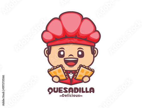 Chef mascot with quesadilla, culinary vector illustration