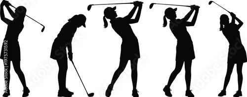 Golf player silhouette set, female golfer swing poses black vector collection isolated on white background, sport activity illustration design